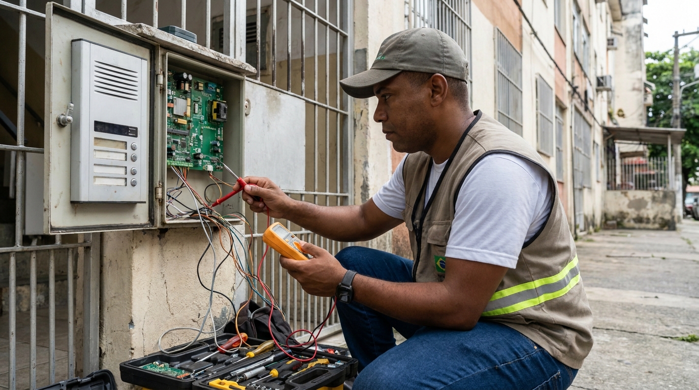 Eletricista consertando interfone em Guarapari‑ES