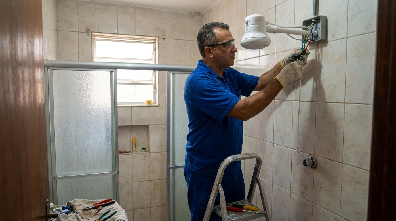 Eletricista instalando chuveiro eletrico em Guarapari‑ES