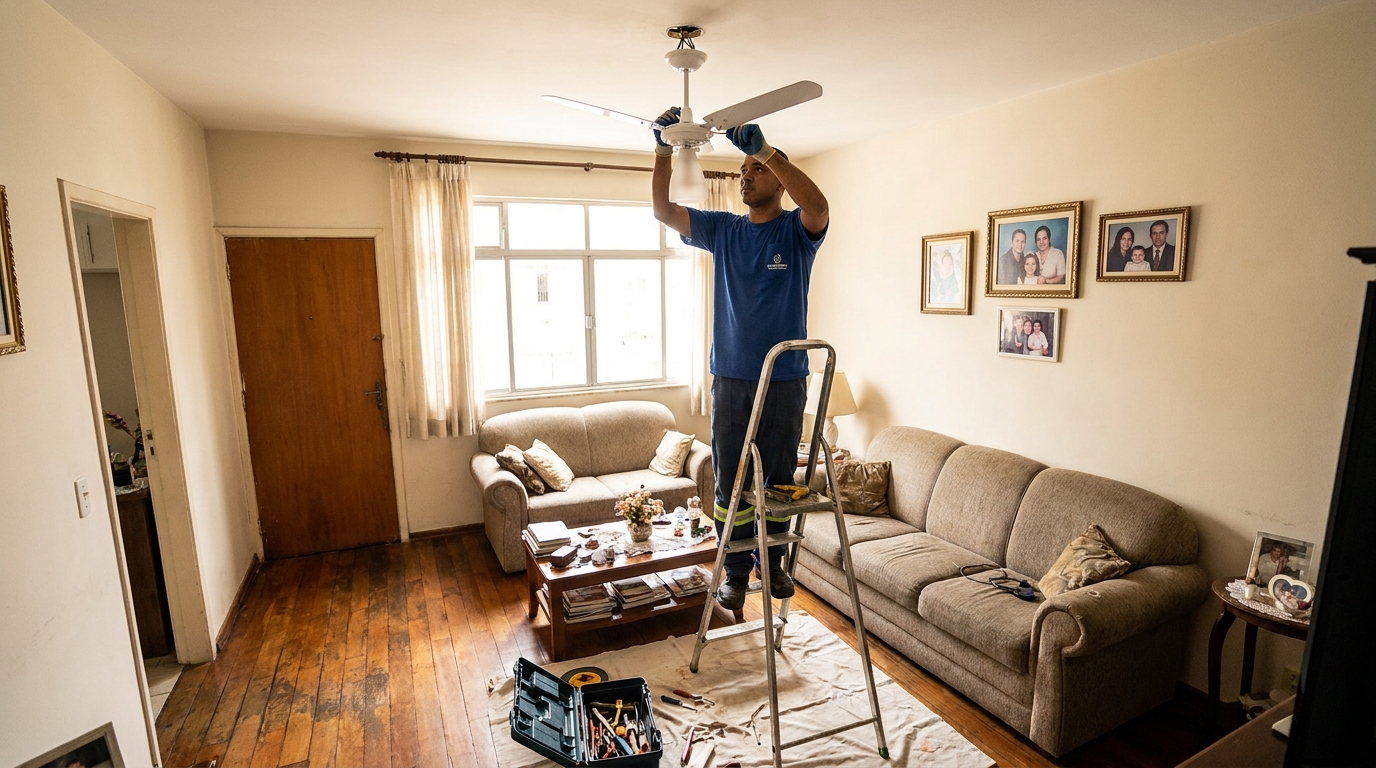 Eletricista instalando ventilador de teto em Guarapari‑ES
